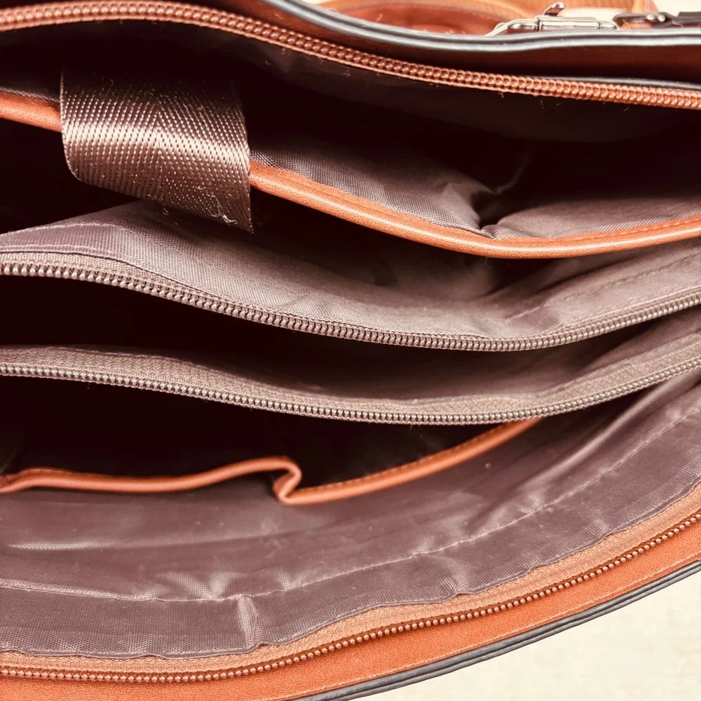 Mosiso Faux Leather Cognac Brown Laptop Bag Large Tote Straps Pockets 18